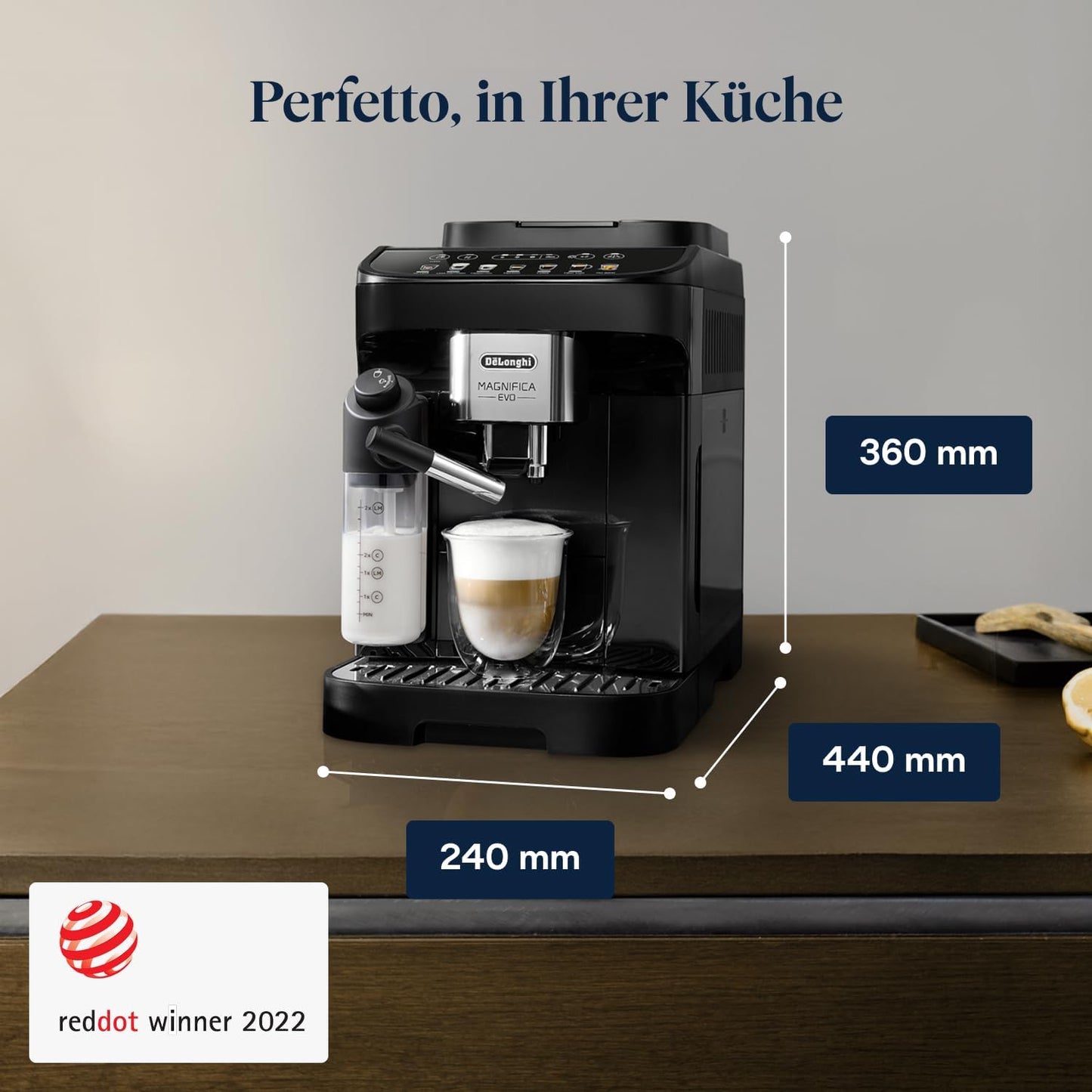 Magnifica Evo - Perfetto Kaffeevollautomat mit LatteCrema-Milchaufschäumer, 7 One-Touch-Getränke, Cappuccino, Espresso Kaffeemaschine, Soft-Touch-Bedienfeld, Schwarz (ECAM292.81.B)