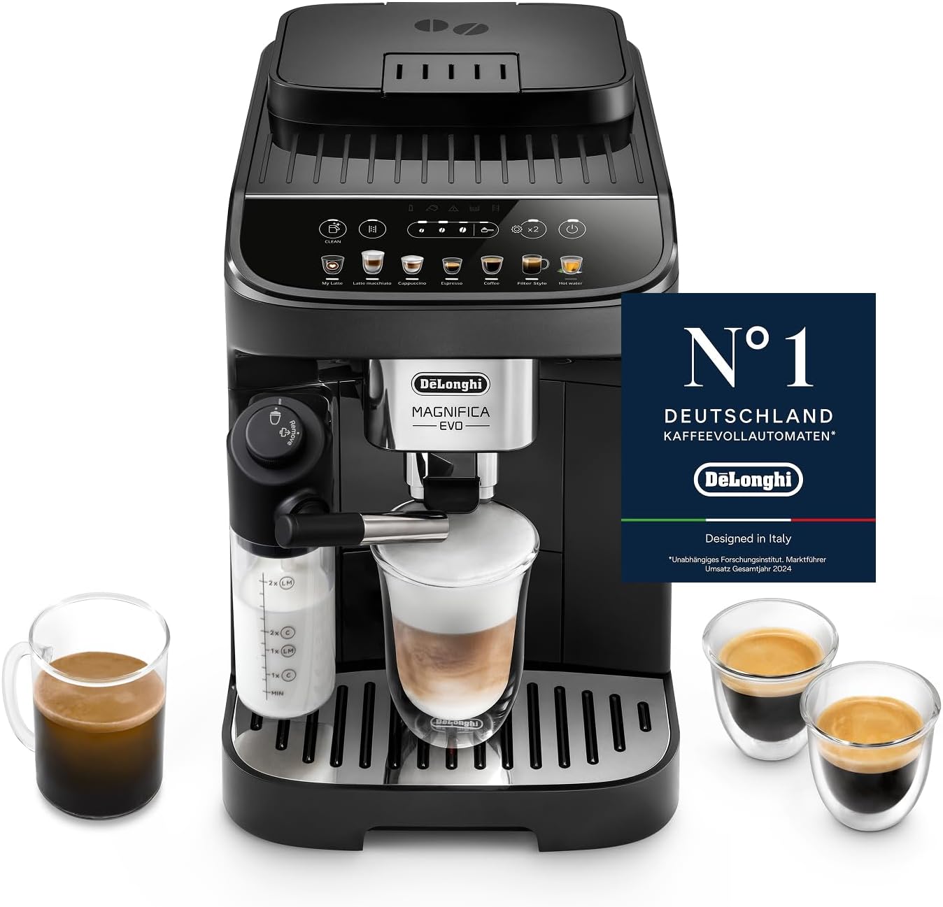 Magnifica Evo - Perfetto Kaffeevollautomat mit LatteCrema-Milchaufschäumer, 7 One-Touch-Getränke, Cappuccino, Espresso Kaffeemaschine, Soft-Touch-Bedienfeld, Schwarz (ECAM292.81.B)