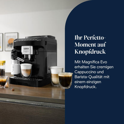 Magnifica Evo - Perfetto Kaffeevollautomat mit LatteCrema-Milchaufschäumer, 7 One-Touch-Getränke, Cappuccino, Espresso Kaffeemaschine, Soft-Touch-Bedienfeld, Schwarz (ECAM292.81.B)